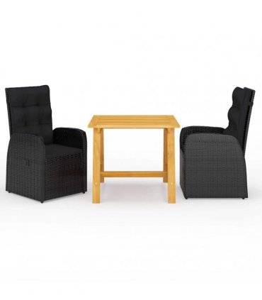 vidaXL 3 Piece Garden Dining Set with Cushions Black Poly Rattan