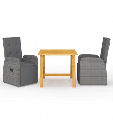 vidaXL 3 Piece Garden Dining Set with Cushions Grey Poly Rattan