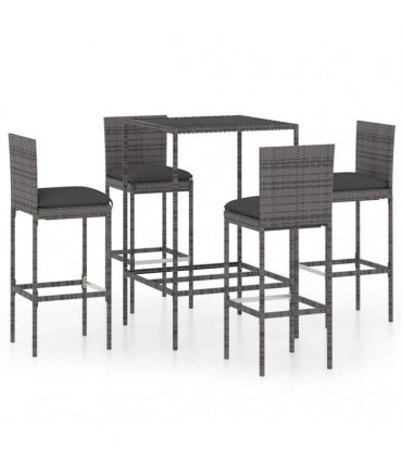vidaXL 5 Piece Garden Bar Set with Cushions Poly Rattan Grey