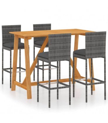 vidaXL 5 Piece Garden Bar Set with Cushions Poly Rattan Grey