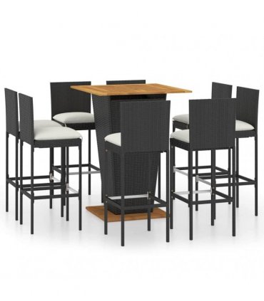 vidaXL 9 Piece Garden Bar Set with Cushions Poly Rattan Black