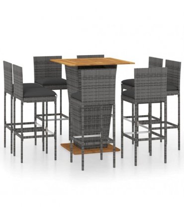 vidaXL 9 Piece Garden Bar Set with Cushions Poly Rattan Grey