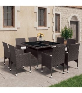 vidaXL 9 Piece Garden Dining Set Poly Rattan and Tempered Glass Brown