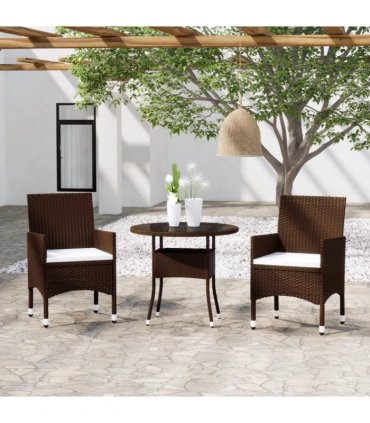 vidaXL 3 Piece Garden Bistro Set Poly Rattan and Tempered Glass Brown