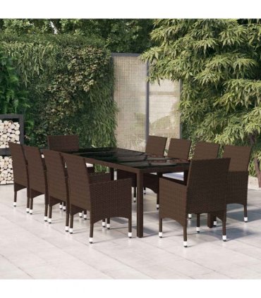 vidaXL 11 Piece Garden Dining Set Poly Rattan Brown