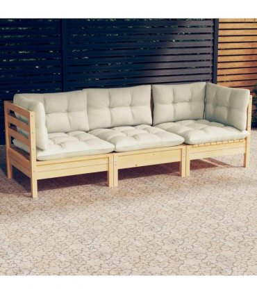vidaXL 3-Seater Garden Sofa with Cream Cushions Solid Pinewood