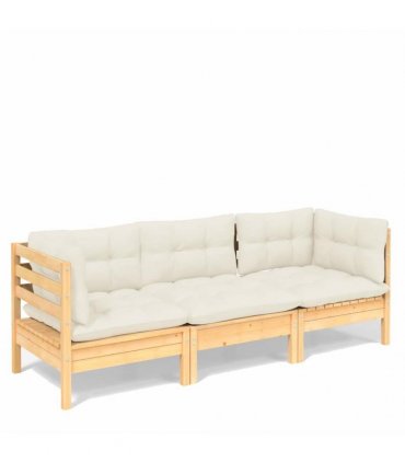 vidaXL 3-Seater Garden Sofa with Cream Cushions Solid Pinewood