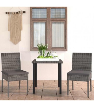 vidaXL 3 Piece Outdoor Dining Set with Cushions Poly Rattan Grey