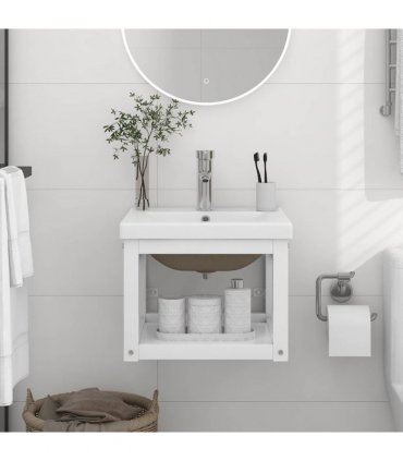 vidaXL Bathroom Washbasin Frame with Built-in Basin White Iron