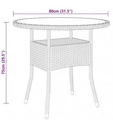 vidaXL Garden Table Ø80x75 cm Tempered Glass and Poly Rattan Brown