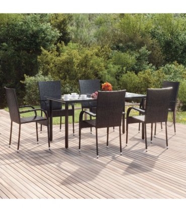 vidaXL 7 Piece Garden Dining Set Black Poly Rattan