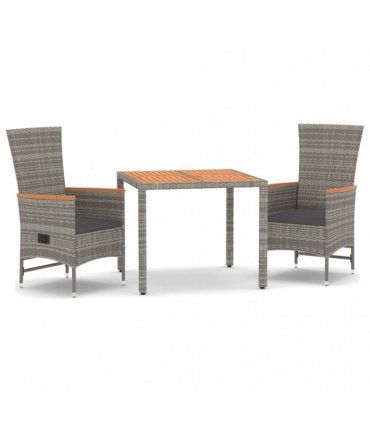 vidaXL 3 Piece Garden Dining Set Grey Poly Rattan&Solid Wood Acacia