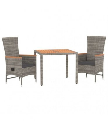 vidaXL 3 Piece Garden Dining Set Grey Poly Rattan&Solid Wood Acacia