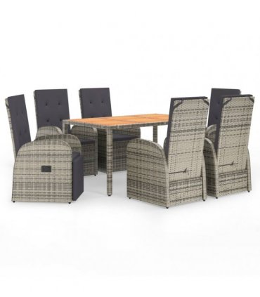 vidaXL 7 Piece Garden Dining Set Grey Poly Rattan&Solid Wood Acacia