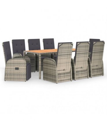 vidaXL 9 Piece Garden Dining Set Grey Poly Rattan&Solid Wood Acacia