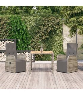 vidaXL 3 Piece Garden Dining Set Grey Poly Rattan&Solid Wood Acacia