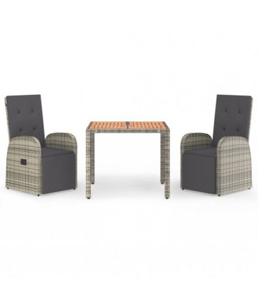 vidaXL 3 Piece Garden Dining Set Grey Poly Rattan&Solid Wood Acacia