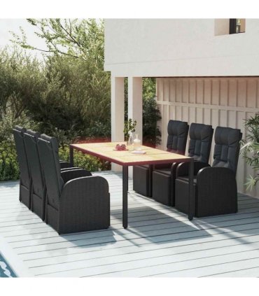 vidaXL 7 Piece Garden Dining Set Black Poly Rattan&Solid Wood Acacia