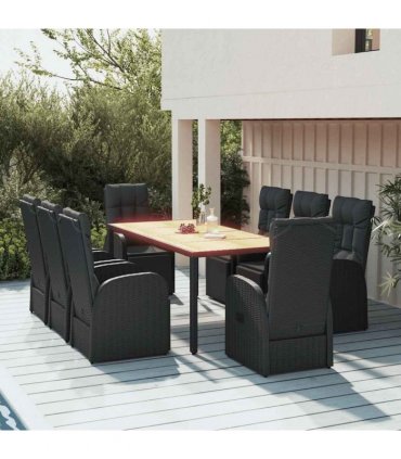 vidaXL 9 Piece Garden Dining Set Black Poly Rattan&Solid Wood Acacia