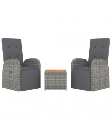 vidaXL 3 Piece Garden Lounge Set Grey Poly Rattan&Solid Wood Acacia
