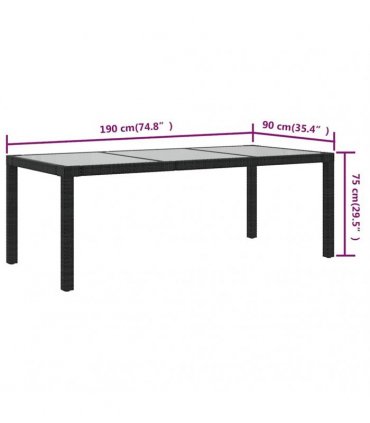 vidaXL Garden Table Black 190x90x75 cm Tempered Glass and Poly Rattan