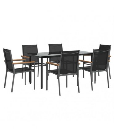 vidaXL 7 Piece Garden Dining Set Black Textilene and Steel