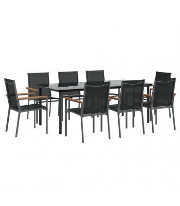 vidaXL 9 Piece Garden Dining Set Black Textilene and Steel