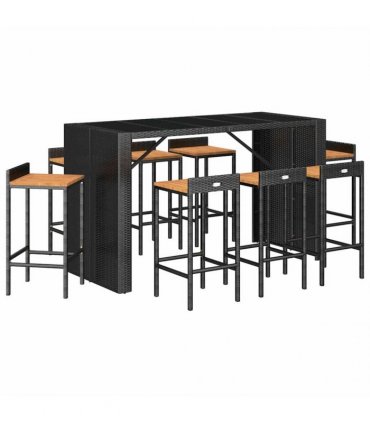 vidaXL 9 Piece Garden Bar Set Black Poly Rattan& Solid Wood Acacia