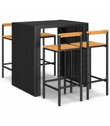 vidaXL 5 Piece Garden Bar Set Black Poly Rattan& Solid Wood Acacia