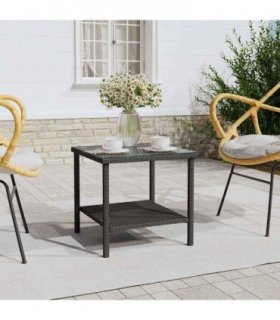 vidaXL Side Table Black 45x45x45 cm Poly Rattan and Tempered Glass
