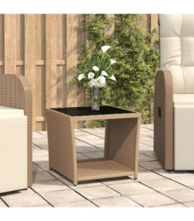 vidaXL Tea Table with Glass Top Beige Poly Rattan&Tempered Glass
