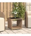 vidaXL Tea Table with Glass Top Beige Poly Rattan&Tempered Glass