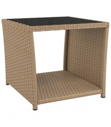 vidaXL Tea Table with Glass Top Beige Poly Rattan&Tempered Glass