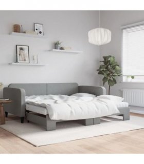 vidaXL Daybed with Trundle and Mattresses Light Grey 90x190 cm Fabric