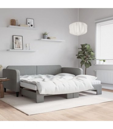 vidaXL Daybed with Trundle and Mattresses Light Grey 90x190 cm Fabric