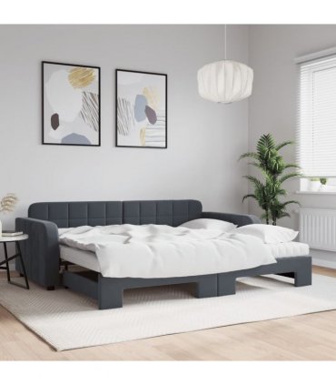 vidaXL Daybed with Trundle and Mattresses Dark Grey 90x190 cm Velvet