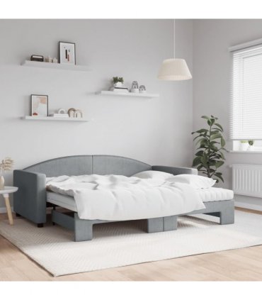vidaXL Daybed with Trundle and Mattresses Light Grey 90x190 cm Fabric