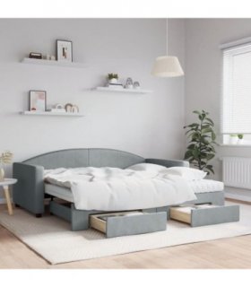 vidaXL Daybed with Trundle and Drawers Light Grey 90x190 cm Fabric