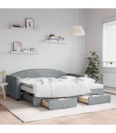 vidaXL Daybed with Trundle and Drawers Light Grey 90x190 cm Fabric