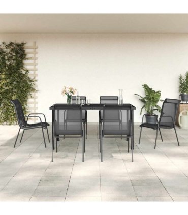 vidaXL 7 Piece Garden Dining Set Black Steel and Textilene