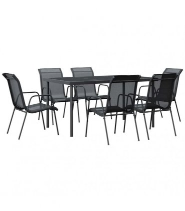 vidaXL 7 Piece Garden Dining Set Black Steel and Textilene