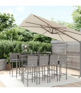 vidaXL 9 Piece Garden Bar Set with Cushions Grey Poly Rattan
