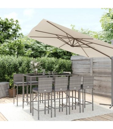 vidaXL 9 Piece Garden Bar Set with Cushions Grey Poly Rattan