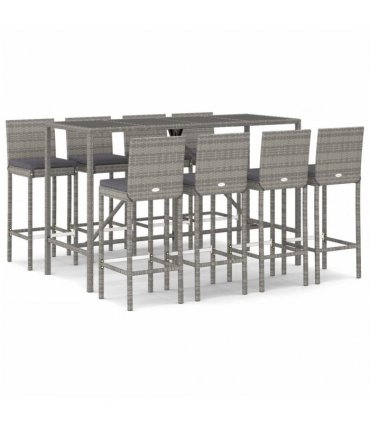 vidaXL 9 Piece Garden Bar Set with Cushions Grey Poly Rattan