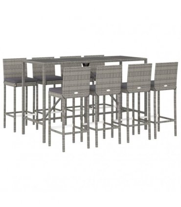 vidaXL 9 Piece Garden Bar Set with Cushions Grey Poly Rattan