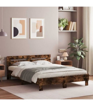 vidaXL Bed Frame with LED without Mattress Smoked Oak 140x190 cm
