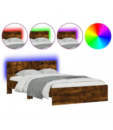vidaXL Bed Frame with Headboard and LED Smoked Oak 140x190 cm