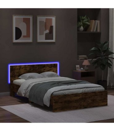 vidaXL Bed Frame with Headboard and LED Smoked Oak 140x190 cm