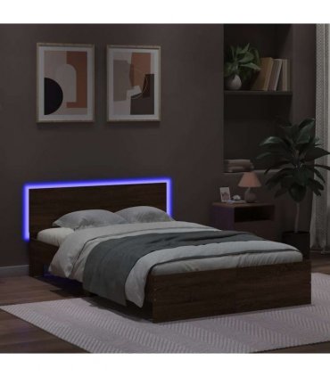 vidaXL Bed Frame with Headboard and LED Brown Oak 140x190 cm