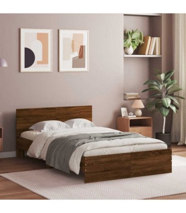 vidaXL Bed Frame with Headboard and LED Brown Oak 140x190 cm